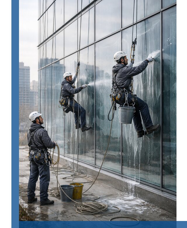 Промышленная мойка панорамных окон на высоте в Лиски