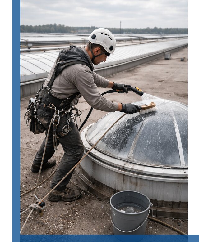 Мойка зенитных фонарей на кровле для промышленных объектов в Лиски