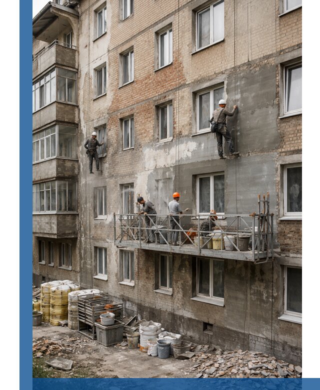 Капитальный ремонт фасада в Лиски с восстановлением и гидроизоляцией