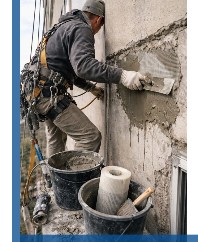 Ремонт бетонных элементов фасада промышленными альпинистами в Лиски