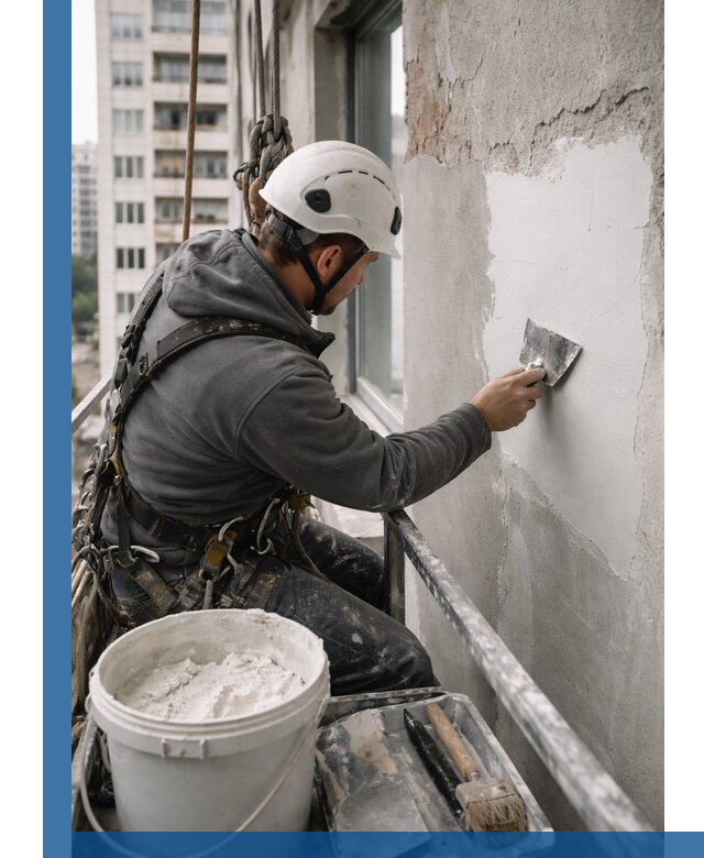 Шпаклевка фасадов на высоте с промальпинистами в Лиски