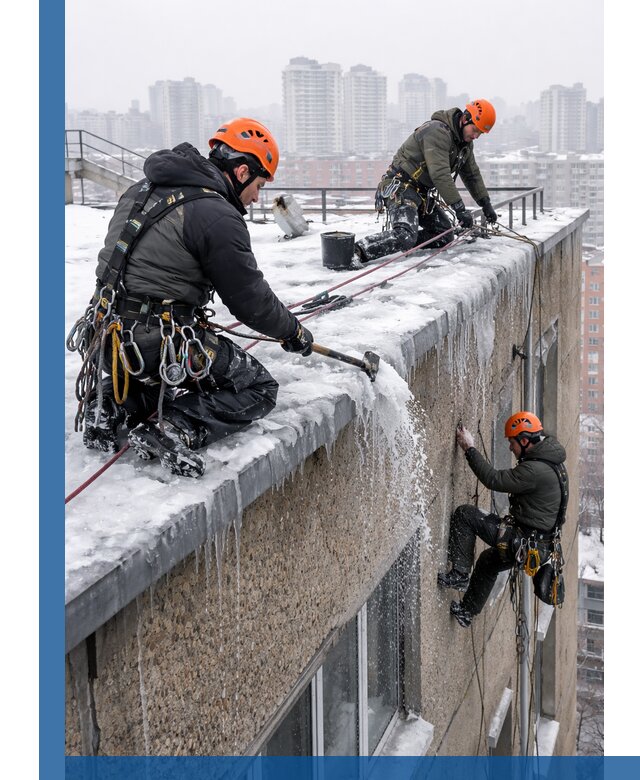 Удаление наледи с кровли в Лиски промышленными альпинистами