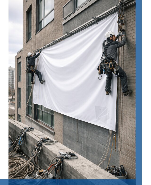 Монтаж баннеров на фасаде в Лиски от 711 р. заказать ВЫСОТНИК-Лск