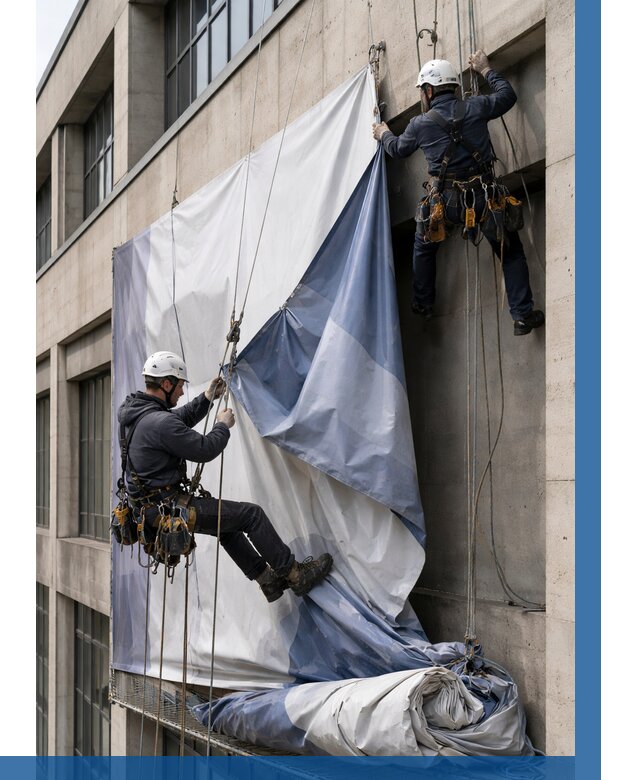 Демонтаж баннеров с фасада в Лиски от 4923 р. | ВЫСОТНИК-Лск