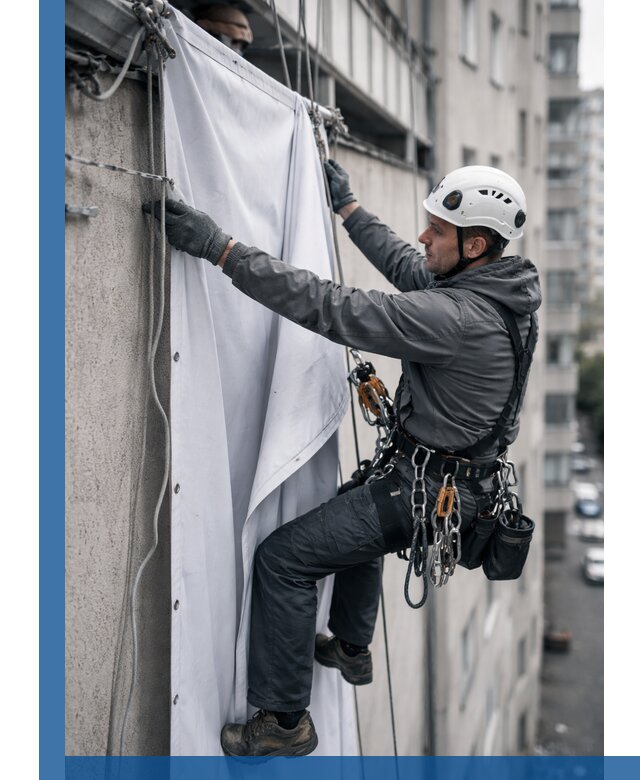Замена баннерного полотна промышленными альпинистами в Лиски