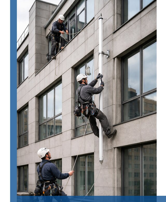 Монтаж флагштока на фасаде здания с креплением и герметикой в Лиски