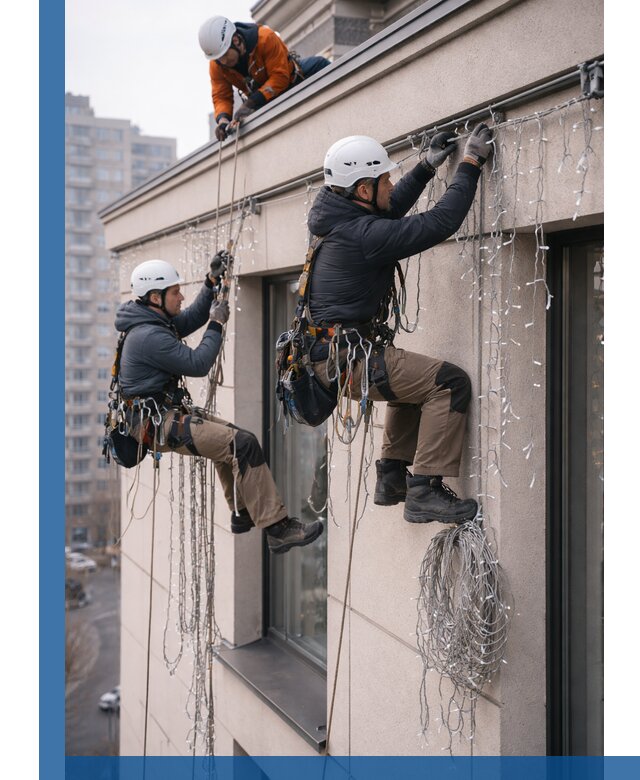 Монтаж праздничных гирлянд на фасаде в Лиски для зданий