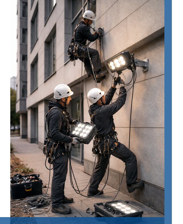 Монтаж прожекторов на фасаде в Лиски от 8206 р. | ВЫСОТНИК-Лск