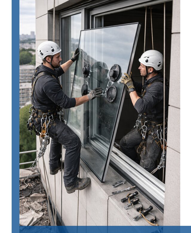 Замена стеклопакетов на высоте с промышленными альпинистами в Лиски