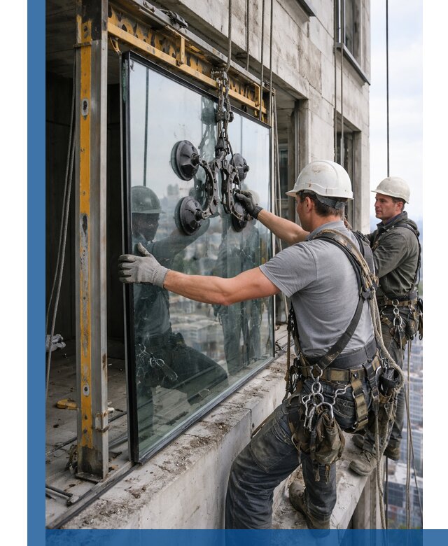 Монтаж стеклопакетов на высоте в Лиски с промышленным альпинизмом