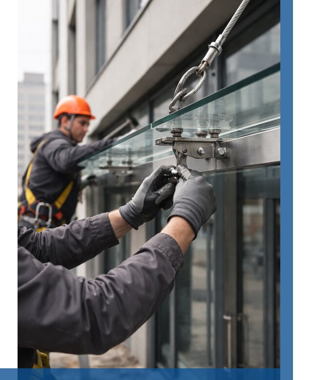 Монтаж стеклянных козырьков в Лиски от 9300 р. | ВЫСОТНИК-Лск