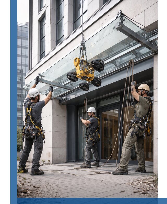 Монтаж стеклянных козырьков под ключ в Лиски для зданий