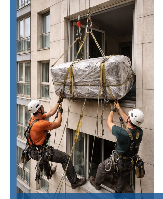 Подъем грузов через окно в Лиски промышленными альпинистами